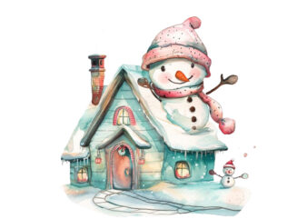 watercolor Pastel snowman skating house