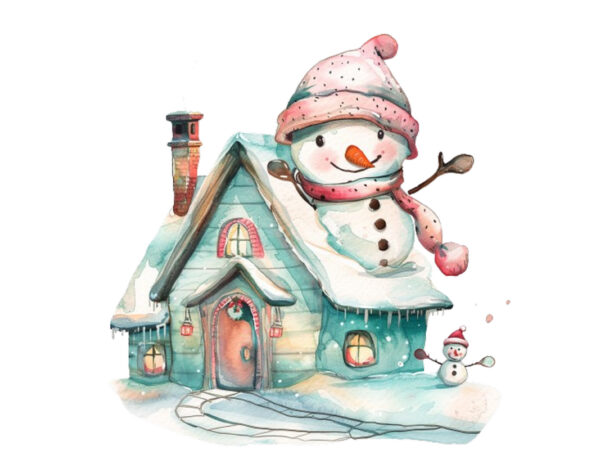 Watercolor pastel snowman skating house t shirt design for sale