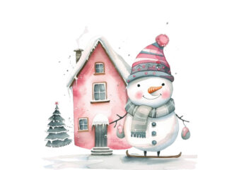 watercolor Pastel snowman skating house t shirt design for sale