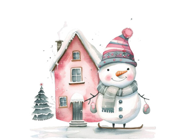 Watercolor pastel snowman skating house t shirt design for sale