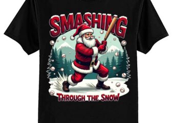 Baseball Player Christmas Santa Smashing Through Snow T-Shirt ltsp