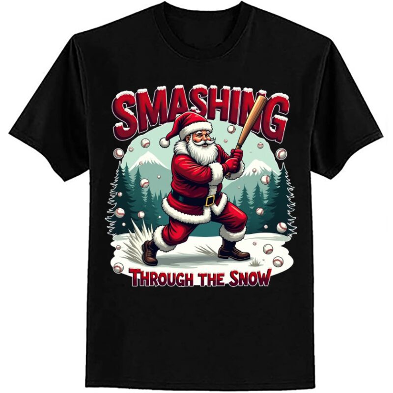 Baseball Player Christmas Santa Smashing Through Snow T-Shirt ltsp