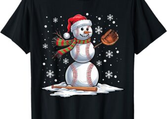 Baseball Snowman Baseball Player Santa Hat Christmas Funny T-Shirt