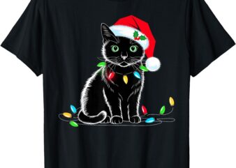 Black Cat Christmas Lights Santa Hat Funny Xmas Cat Lover T-Shirt