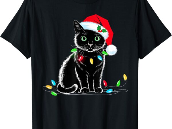 Black cat christmas lights santa hat funny xmas cat lover t-shirt