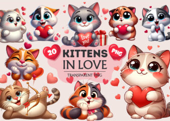 Cartoon cat in love. Valentine’s Day, PNG.