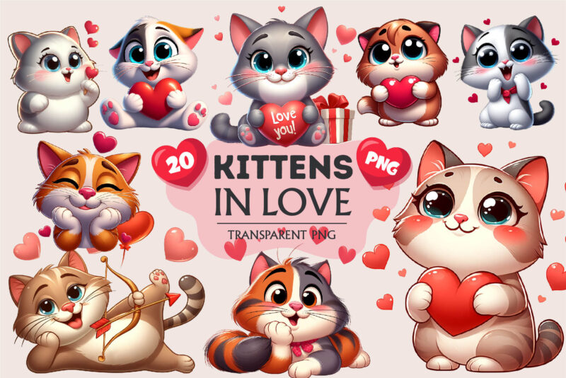 Cartoon cat in love. Valentine’s Day, PNG.