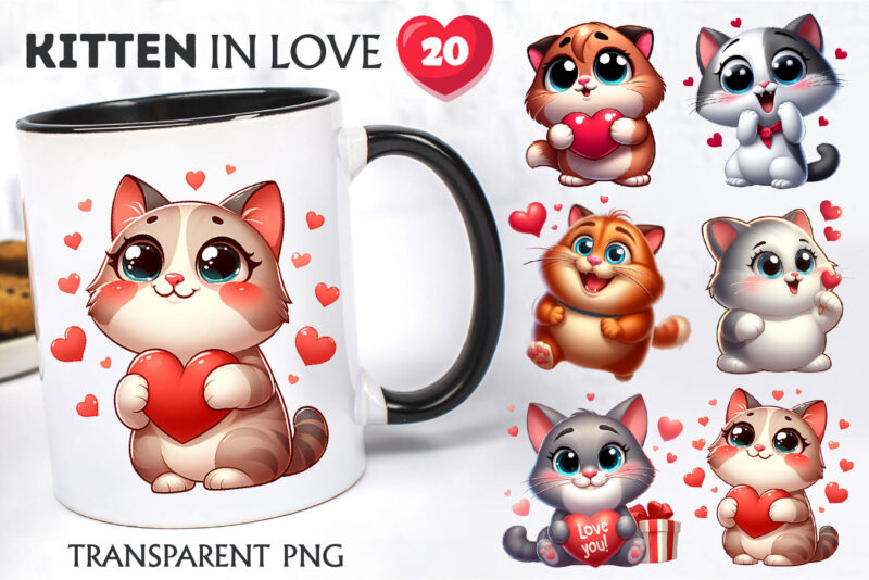 Cartoon cat in love. Valentine’s Day, PNG.