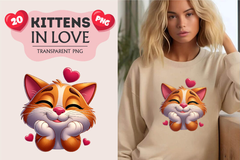 Cartoon cat in love. Valentine’s Day, PNG.