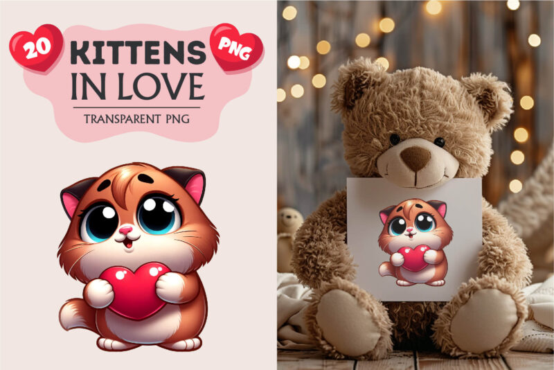 Cartoon cat in love. Valentine’s Day, PNG.