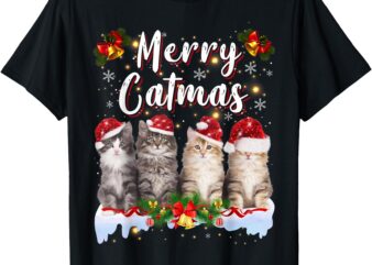 Cat Christmas Santa Hat Funny Merry Catmas Meowy Men Women T-Shirt