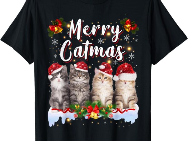 Cat christmas santa hat funny merry catmas meowy men women t-shirt