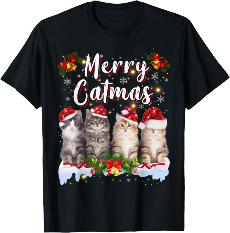 Cat Christmas Santa Hat Funny Merry Catmas Meowy Men Women T-Shirt