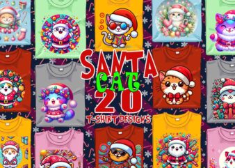 Colourful Christmas Cat Santa Claus t-shirt design bundle of 20 designs – download instantly Retro Vintage T-shirt Design Bundle