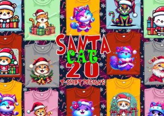 Trendy Christmas Cat Santa Claus t-shirt design bundle of 20 designs – download instantly Retro Vintage Tee Bundle