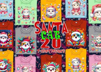 Trendy Christmas Cat Santa Claus t-shirt design bundle of 20 png & jpeg designs – download instantly Retro Vintage T-shirt Bundle