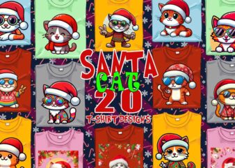 Colourful Christmas Cat Santa Claus t-shirt design bundle of 20 designs – download instantly Retro Vintage Graphics Bundle