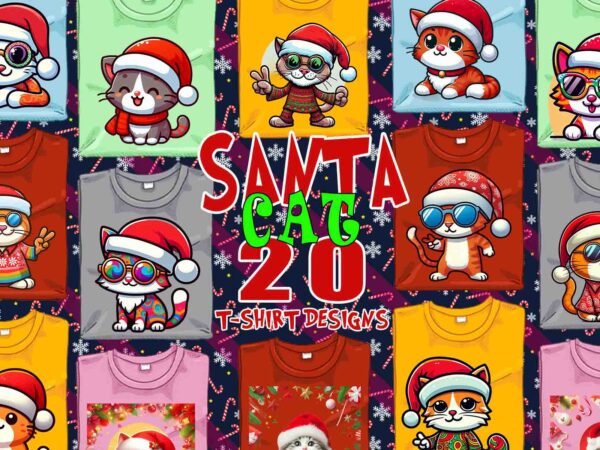 Colourful christmas cat santa claus t-shirt design bundle of 20 designs – download instantly retro vintage graphics bundle