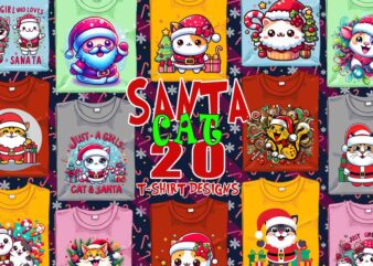 20 Retro Vintage Christmas Cat Santa Claus t-shirt design bundle