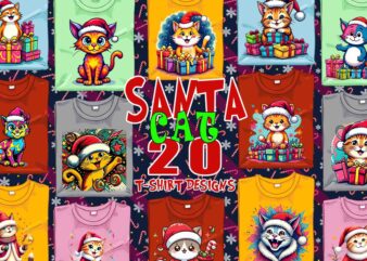 Funny Christmas Cat Santa Claus t-shirt design bundle of 20 designs – download instantly Retro Vintage Illustration Bundle