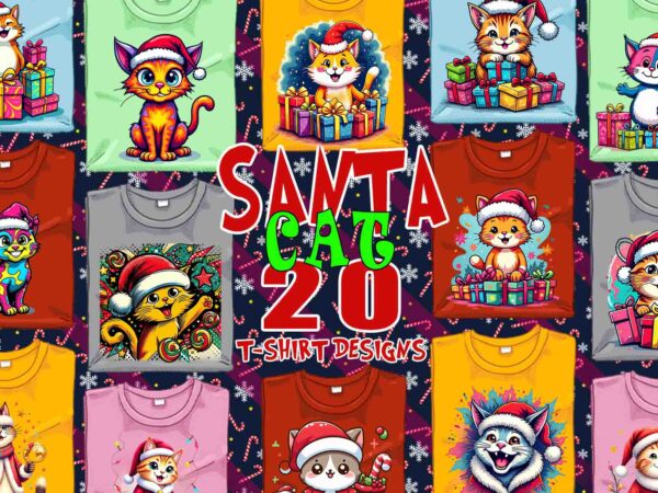 Funny christmas cat santa claus t-shirt design bundle of 20 designs – download instantly retro vintage illustration bundle