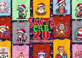 Funny Christmas Cat Santa Claus t-shirt design bundle of 20 designs – download instantly Retro Vintage Illustration Bundle