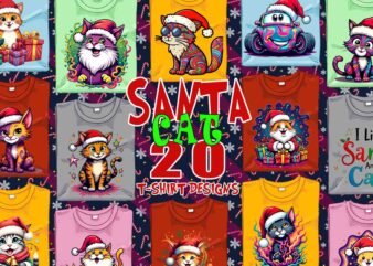 Popular Christmas Cat Santa Claus t-shirt design bundle of 20 designs – download instantly T-Shirt Design