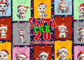 Trendy Christmas Cat Santa Claus t-shirt design bundle of 20 designs – download instantly Retro Vintage Tee Illustration