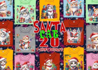 Trendy Christmas Cat Santa Claus t-shirt design bundle of 20 png & jpeg designs – download instantly Retro Vintage T-shirt Design Bundle