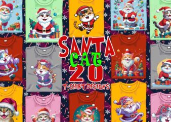 Colourful Christmas Cat Santa Claus t-shirt design bundle of 20 designs – download instantly Retro Vintage T-shirt