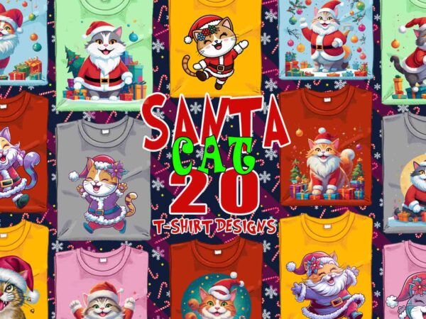 Colourful christmas cat santa claus t-shirt design bundle of 20 designs – download instantly retro vintage t-shirt