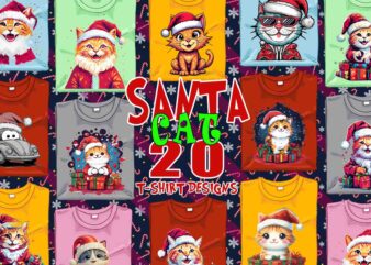 Popular Christmas Cat Santa Claus t-shirt design bundle of 20 designs – download instantly