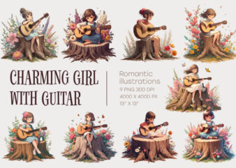 Charming Girl with Guitar. Romantic clipart.