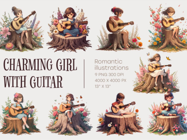 Charming girl with guitar. romantic clipart. t shirt vector file