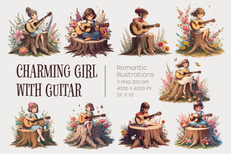 Charming Girl with Guitar. Romantic clipart.