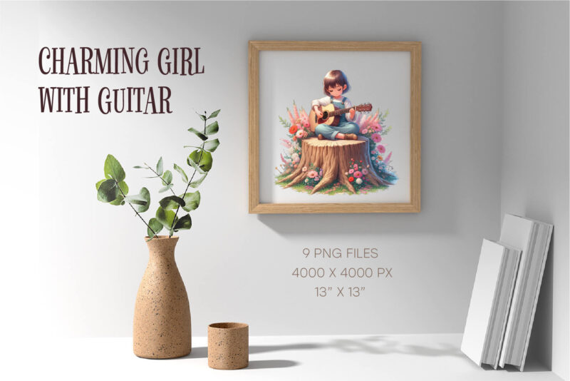 Charming Girl with Guitar. Romantic clipart.