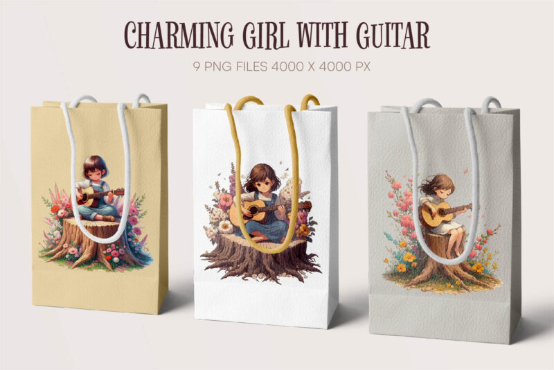 Charming Girl with Guitar. Romantic clipart.