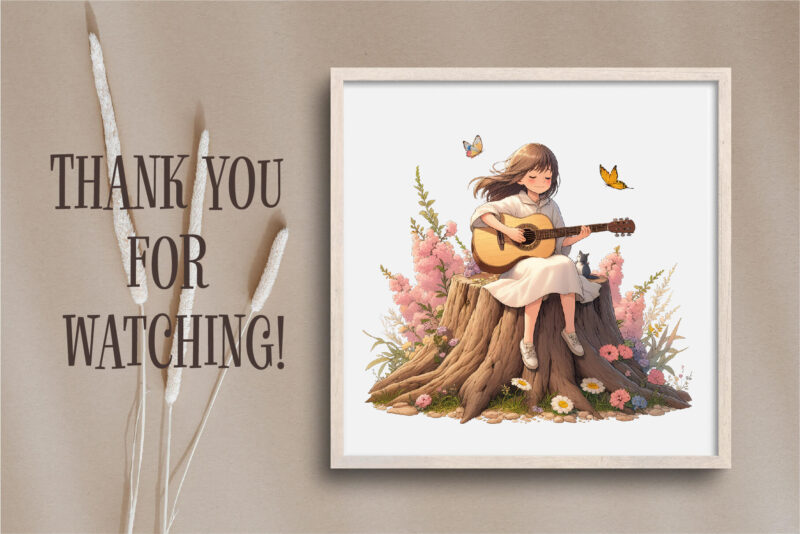 Charming Girl with Guitar. Romantic clipart.