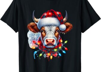 Christmas Cow Farmer Santa Hat Red Buffalo Plaid Xmas Cows T-Shirt