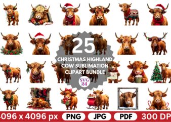 Christmas highland cow sublimation clipart bundle