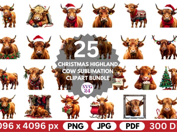 Christmas highland cow sublimation clipart bundle t shirt vector file