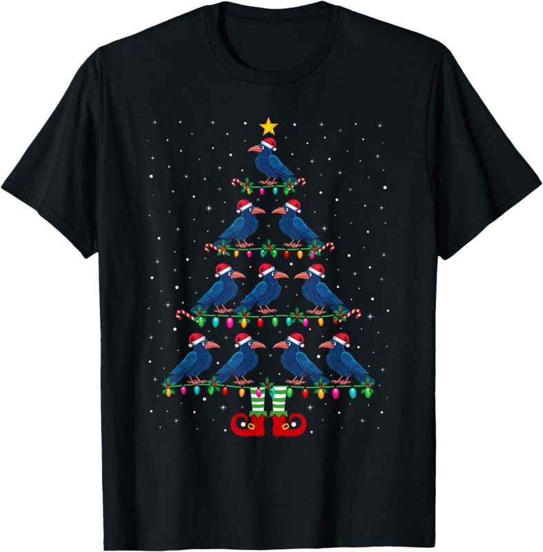 Christmas Tree Lights Santa Hat ELF Crow Xmas Tree T-Shirt