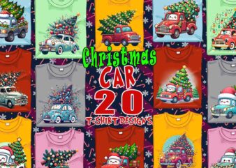 Colourful Christmas Tree upon a Car t-shirt design bundle of 20 designs – download instantly Retro Vintage T-shirt Illustration Clipart