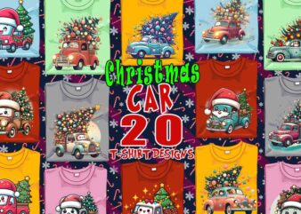 Colourful Christmas Tree upon a Car t-shirt design bundle of 20 designs – download instantly Retro Vintage T-shirt For Crafting