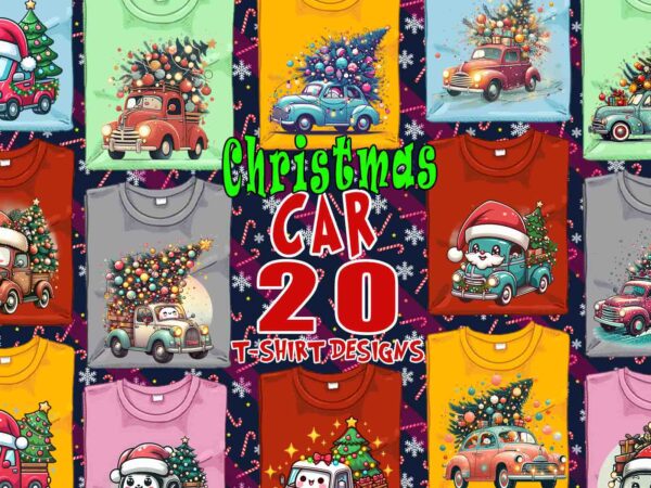 Colourful christmas tree upon a car t-shirt design bundle of 20 designs – download instantly retro vintage t-shirt for crafting