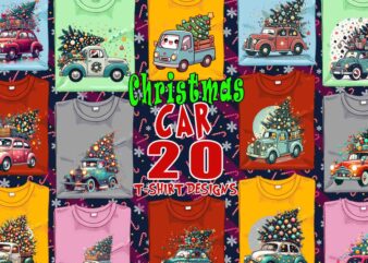 Trendy Christmas Tree upon a Car t-shirt design bundle of 20 png & jpeg designs Best for POD Trend