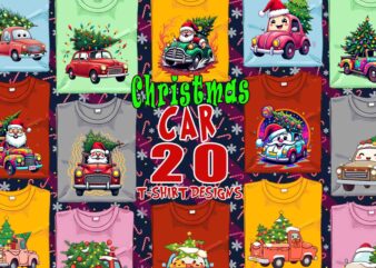 Colourful Christmas Tree upon a Car t-shirt design bundle of 20 designs – download instantly Retro Vintage T-shirt