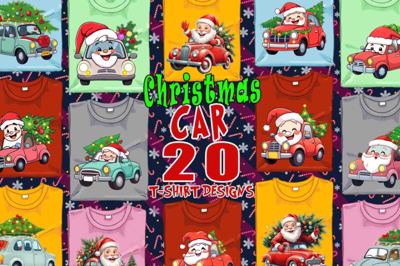 Retro Christmas Tree upon a Car t-shirt design bundle of 20 designs – download instantly Retro Vintage T-shirt Bundle