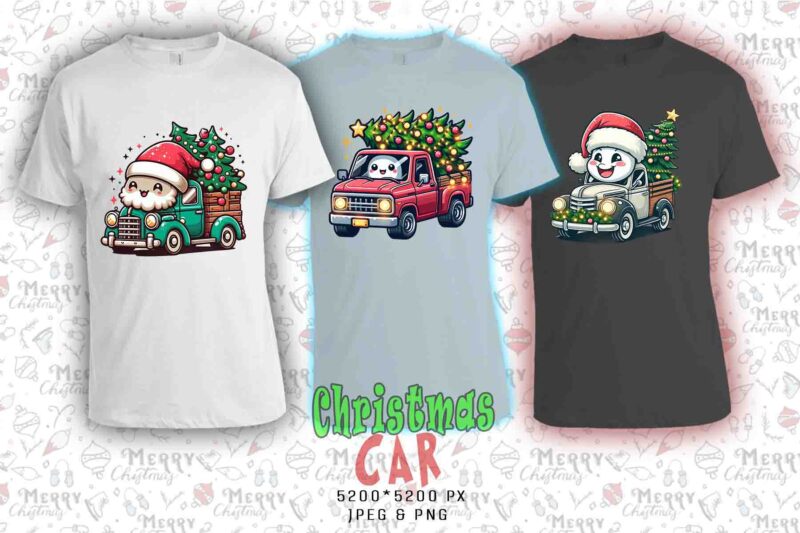 Popular Christmas Tree Delivery Car t-shirt design bundle of 20 designs – download instantly for POD business