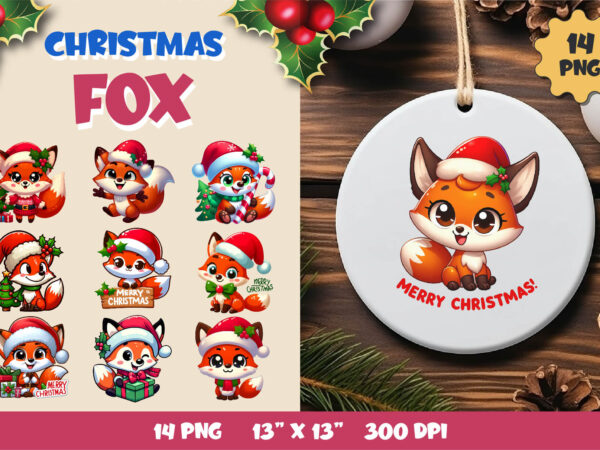 Christmas cute fox. clipart, png. t shirt vector file